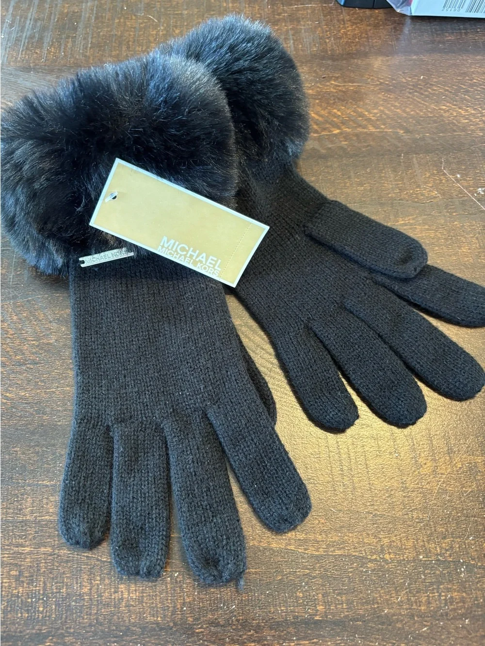 Women’s Michael Kors Black Knit Gloves with Faux Fur Trim